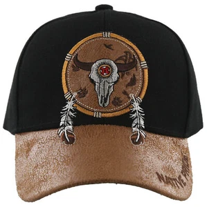 NUOVO! CAPPELLO BERRETTO DA BASEBALL NATIVE PRIDE BUFALO TESCHIO PIUME ECOPELLE NERO - Foto 1 di 4