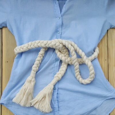 Cream Dress Belt - Bracelet, Boho Braided Buckled Tassel Women Wrapped Wide Belt - Image 1 of 4