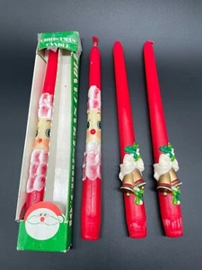Vintage Set of 2 Pairs Taper Candles Santa/ Bells Holly - Picture 1 of 8