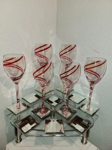 PIER 1 Handmade Swirline Art Glass Ruby Red Double Stripe Swirl Wine Glass Set 6 - Picture 1 of 8
