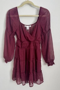 Altar'd State Dress Burgandy Chiffon Mini Dress Size Large Boho Tiered Ruffle - Picture 1 of 13