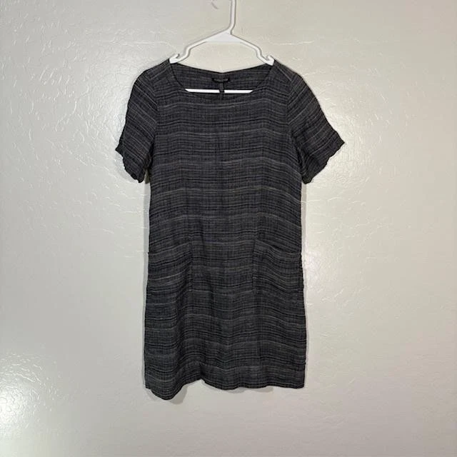 Vestido Eileen Fisher Mujer Pequeño Gris Lino Orgánico Cambio Mini Bolsillos Foto 1 de 4