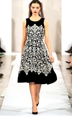 Oscar de la Renta Otoño 2013 Pasarela Negro Blanco Bordado Vestido de Cóctel EE. UU. 16 Foto 1 de 4