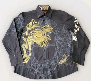 Rebel Spirit Men's XL Button-Up Shirt Black Gold Graphic Skull Cross Embroidered - Picture 1 of 12