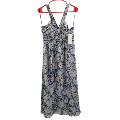 Vestido JOIE Margot TALLA 4 NUEVO CON ETIQUETAS 100% Seda Sombra de Noche Azul Muestra Gasa Midi Floral Foto 1 de 4