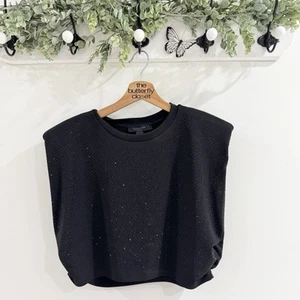 Women’s Allsaints Black Sequin Embellished Cropped Top Cap Sleeve Large Padded - Picture 1 of 3