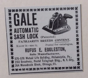 1898 Gale Automatic Sash Lock Advertisement Rufus E. Eggleston Philadeplhia, NYC - Picture 1 of 1