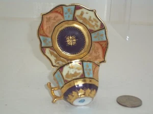 ROYAL VIENNA PORCELAIN MINIATURE CUP & SAUCER GOLD INTERIOR ORNATED PANELED PAT. - Picture 1 of 6