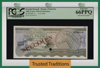 TT PK 7s 1960-62 RWANDA-BURUNDI 1000 FRANCS SPECIMEN ZEBRA PCGS 66 EPQ GEM NEW - Image 1 of 2