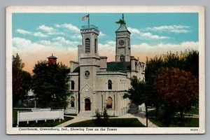 Greensburg Indiana Courthouse Tower Maple Tree on Tower Linen Unposted Postcard - Picture 1 of 2