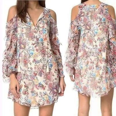 Haute Hippie Womens 100% Silk Flowers in the Sun Cold Shoulder Dress Size M Mini - Image 1 of 4