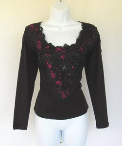 VINTAGE TERRIE BULKIN HANDGEFERTIGTES TOP SCHWARZ SPITZE MAGENTA PAILLETTEN PERLEN POLY BAUMWOLLE? - Bild 1 von 12