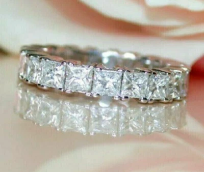 2Ct Princess VVS1 Real Moissanite Full Eternity Band Ring 14K White Gold Plated - Image 1 of 4
