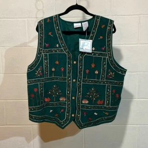 Vintage Bobbie Brooks Women's Corduroy Birdhouse Vest XL Green Embroidered NWT - Picture 1 of 6
