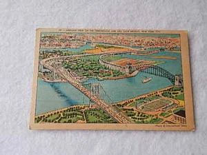 Vintage Linen Postcard-Airplane View Triborough and Hell Gates Bridges NY - Picture 1 of 2