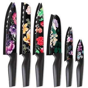 Astercook Knife Set 6 Piece Flower Kitchen Stainless Steel 6 Blade Guards Black - Picture 1 of 8