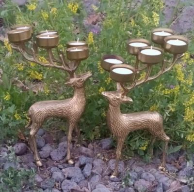 青铜驯鹿 2 件套鹿麋鹿雕像 — 第 1/3 张图片