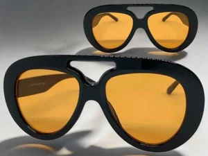OVERSIZED EXAGGERATED Vintage Retro Style SUNGLASSES Big Black Frame Orange Lens - Picture 1 of 7