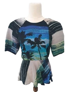 SABA Size 6 Blue Palm Tree Peplum Blouse Top Silk Blend - Picture 1 of 8