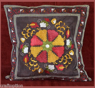 India Silk Embroidery Hand Made Brown Pillow Cover from Craft Options! - Image 1 of 4