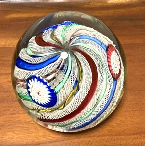 Vintage Handblown Large MURANO LATTICINO MILLEFIORI ART GLASS PAPERWEIGHT Italy - Picture 1 of 9