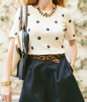 J Crew Women Sequins Top Cotton Knit Short Sleeve Polka Dot Ivory Sz Small 02057 - Imagem 1 de 4