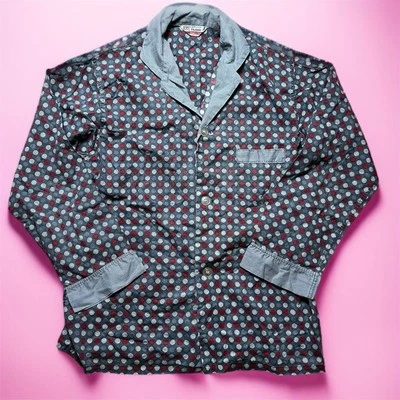 VINTAGE 70s Mod Lounge Shirt Size M Circle Print Gray Long Sleeve Retro - Image 1 of 4