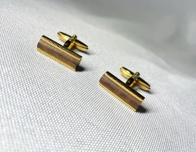 Auth Beautiful S.T.Dupont Brown wood & Gold Bar type Cufflinks Button - Image 1 of 4
