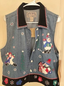 Womens Christmas Vest Size L Denim Snowman Buttons Velvet Trim Tantrum Blues NWT - Picture 1 of 14