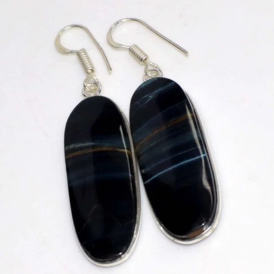 Pendientes hechos a mano ojo de tigre negro enchapados en plata 925 2,3" joyería única GW Foto 1 de 3