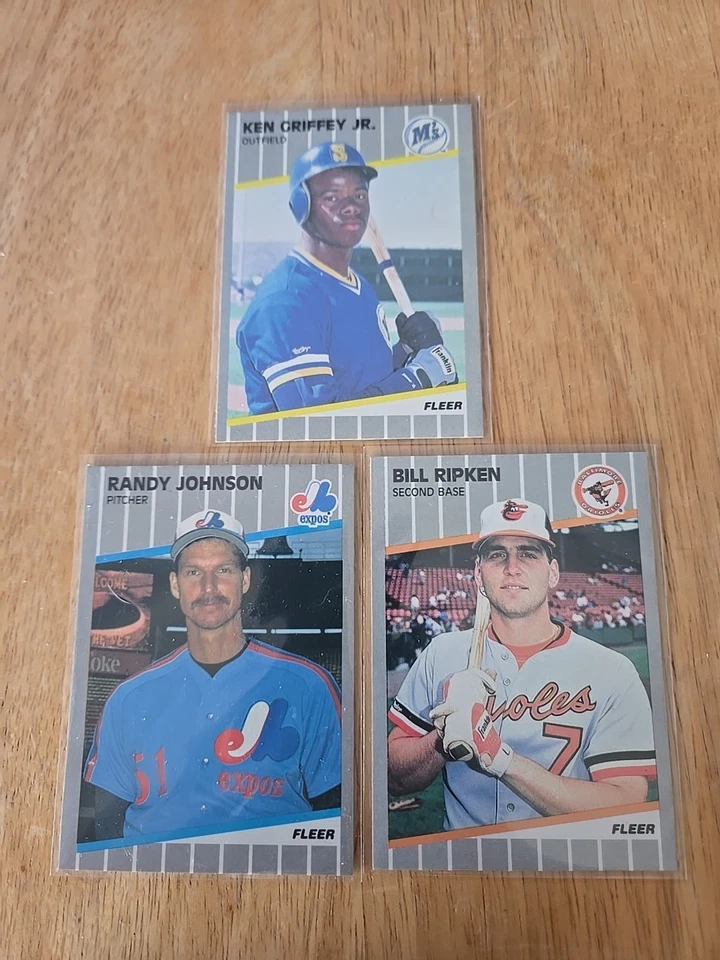 1989 Fleer Billy Ripken #616 BB, Randy Johnson RC 381,  Ken Griffey Jr RC 548 - Image 1 of 2
