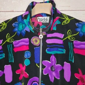 Vtg 80's Retro TEDDI Neon Abstract Floral Windbreaker Jacket Lightweight Sz L - Picture 1 of 5