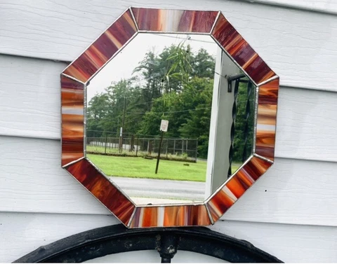 Vintage Mc Modern Art deco Tiffany style stained glass framed octagon mirror 14” Cover