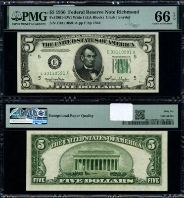 FR. 1961 EWi $5 1950 Federal Reserve Note Richmond E-A Block Gem PMG CU66 EPQ - Image 1 of 3