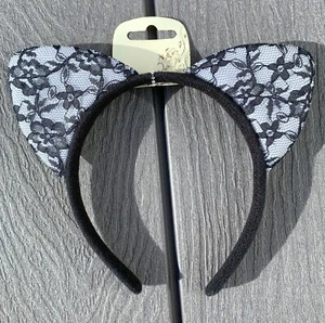 BLACK LACE CAT EARS Headband Fancy Dress Costume Halloween Party Head Band. - Picture 1 of 2