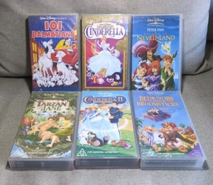 6 Disney VHS Video Retro Tapes Cinderella 1 & 2 101 Dalmatians Tarzan & Jane Pan - Picture 1 of 9