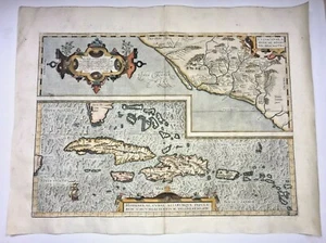 AMERICA HISPANIOLA CUBA 1579 ABRAHAM ORTELIUS UNUSUAL LARGE ANTIQUE MAP  - Picture 1 of 12