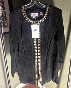 NWT Women's Bradley Bayou Black Leather Suede Coat/Jacket W/ Gold Detailing Sz L - Picture 1 of 11
