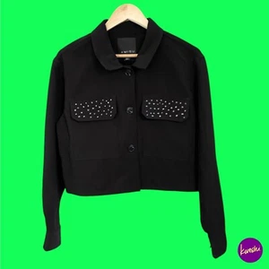 AMISU Cropped Jacket, Glitter Pocket, Collared, Button Front, Black, UK 12 - Picture 1 of 6