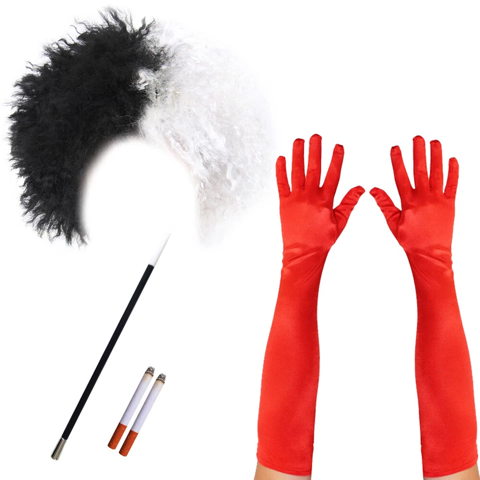 ILOVEFANCYDRESS CRUELLA FANCY DRESS COSTUME WIG CIGARETTE HOLDER GLOVES CHOOSE ACCESSORY LOT
