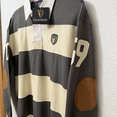 全新 Guinness 橄榄球 Polo 衫 锡棉条纹 长袖 100% 棉 男式 L — 第 1/4 张图片