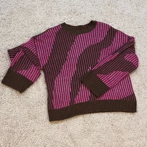 Nine West Sweater Womens L Brown Pink Striped Abstract Knit Pullover - Picture 1 of 4