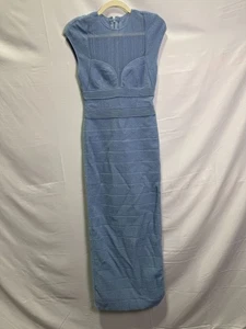 Abito Hervé Léger blu fasciato trasparente bustier taglia S con danni al tessuto - Foto 1 di 12