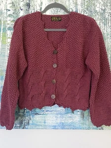 Vintage Rico Burgundy Red Cropped Sweater Scalloped Edges Cotton Knit Small - Picture 1 of 7