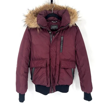 Mackage Burgundy Diego Down Bomber Jacket with Fur Trim Hood size 36 Small - Image 1 of 4