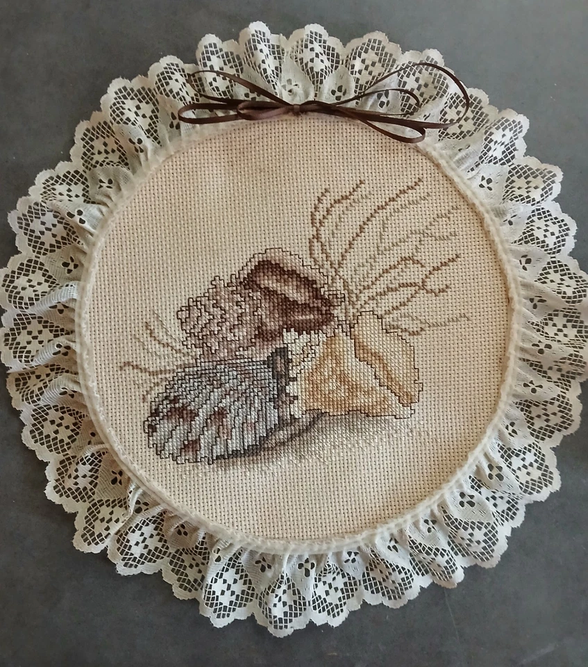 Aro bordado concha marina vintage acolchado hecho a mano tela colgante decoración de pared 12" Foto 1 de 4