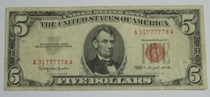 SN744 1963 $5 Dollar Bill Red Seal (5) 7's Fancey Serial Number A 31777778 A - Picture 1 of 2