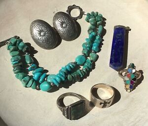 Native Southwestern Turquoise Sterling Concho Lapis Crystal Jewelry Bundle Lot