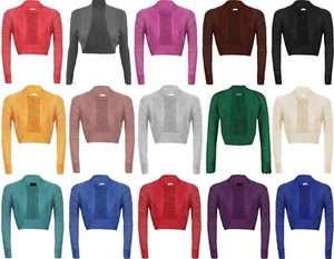 Womens Long Sleeve Metallic Bolero Shrug Open Front Shinny Knitted Cardigan - Picture 1 of 25
