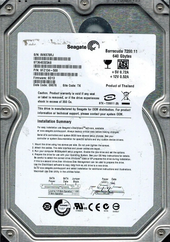 Seagate ST3640323AS P/N: 9FZ134-500 F/W: SD13 640GB TK - Image 1 of 1